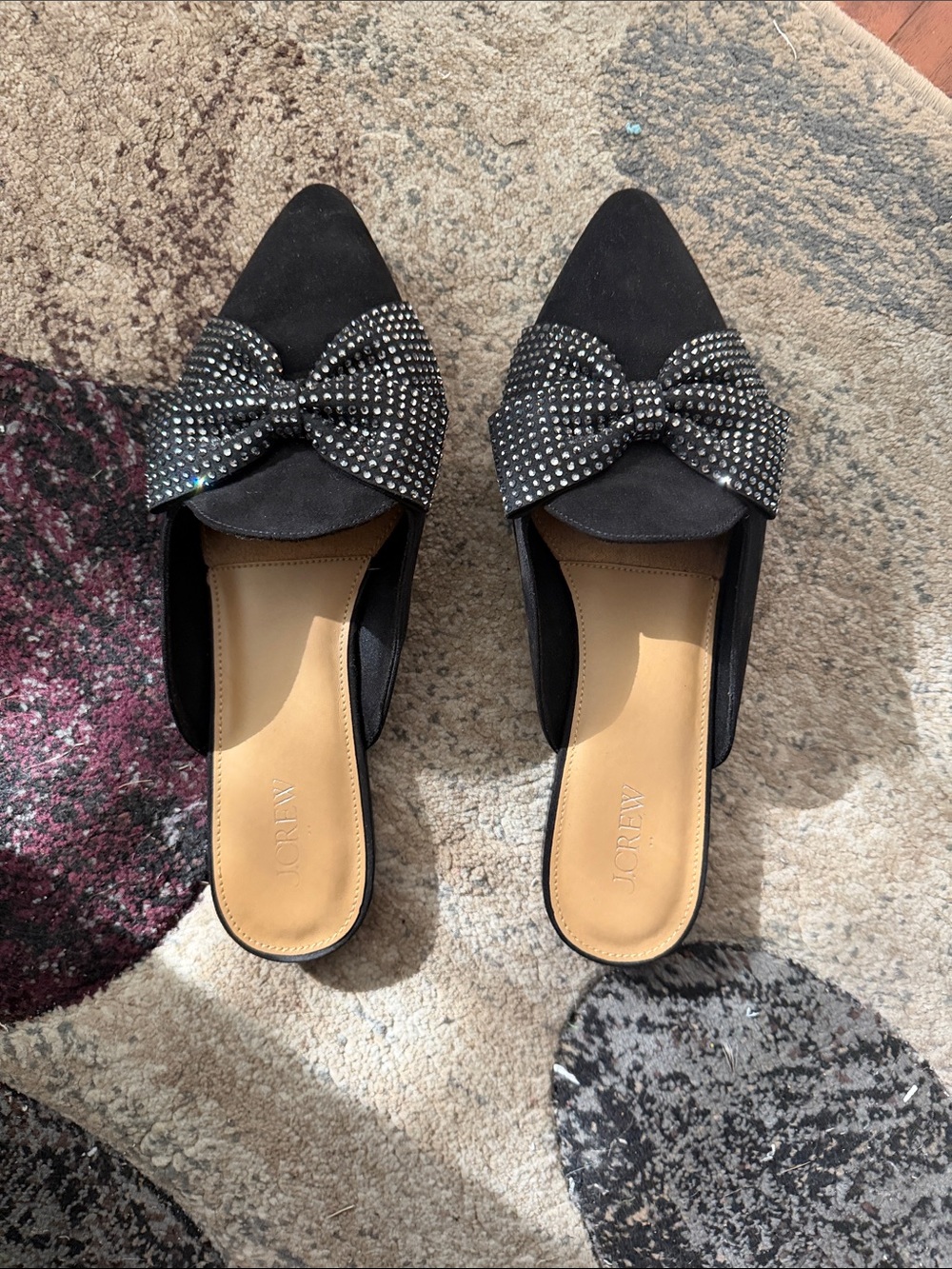 J. Crew Black Studded Bow Pointed-Toe Mules